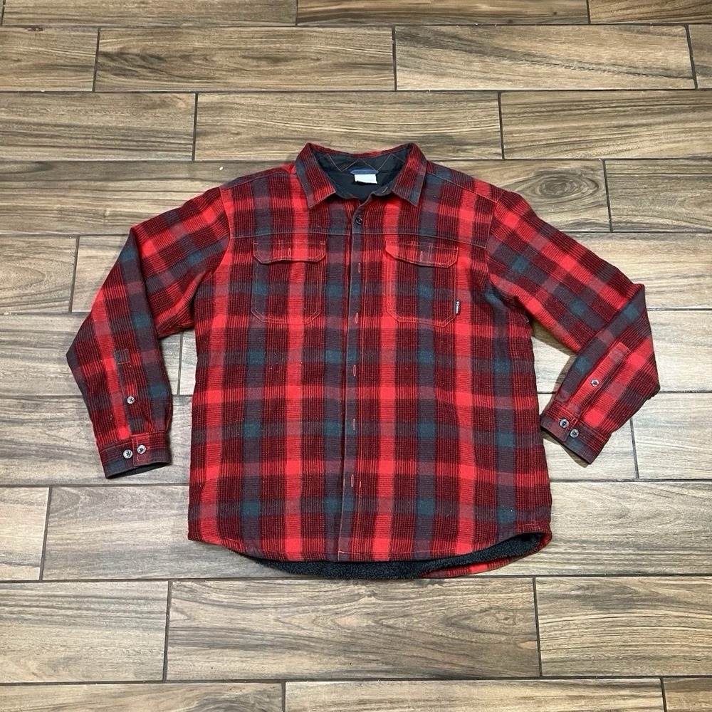 Columbia Plaid Sherpa Lined Flannel Shirt Jacket Men XL Red Black
